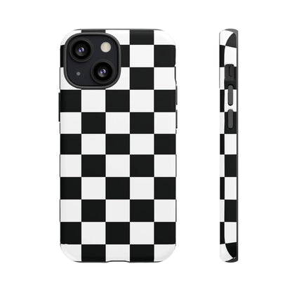 Black and white checkered flag phone case with sleek modern design shown from back for protective iPhone cover