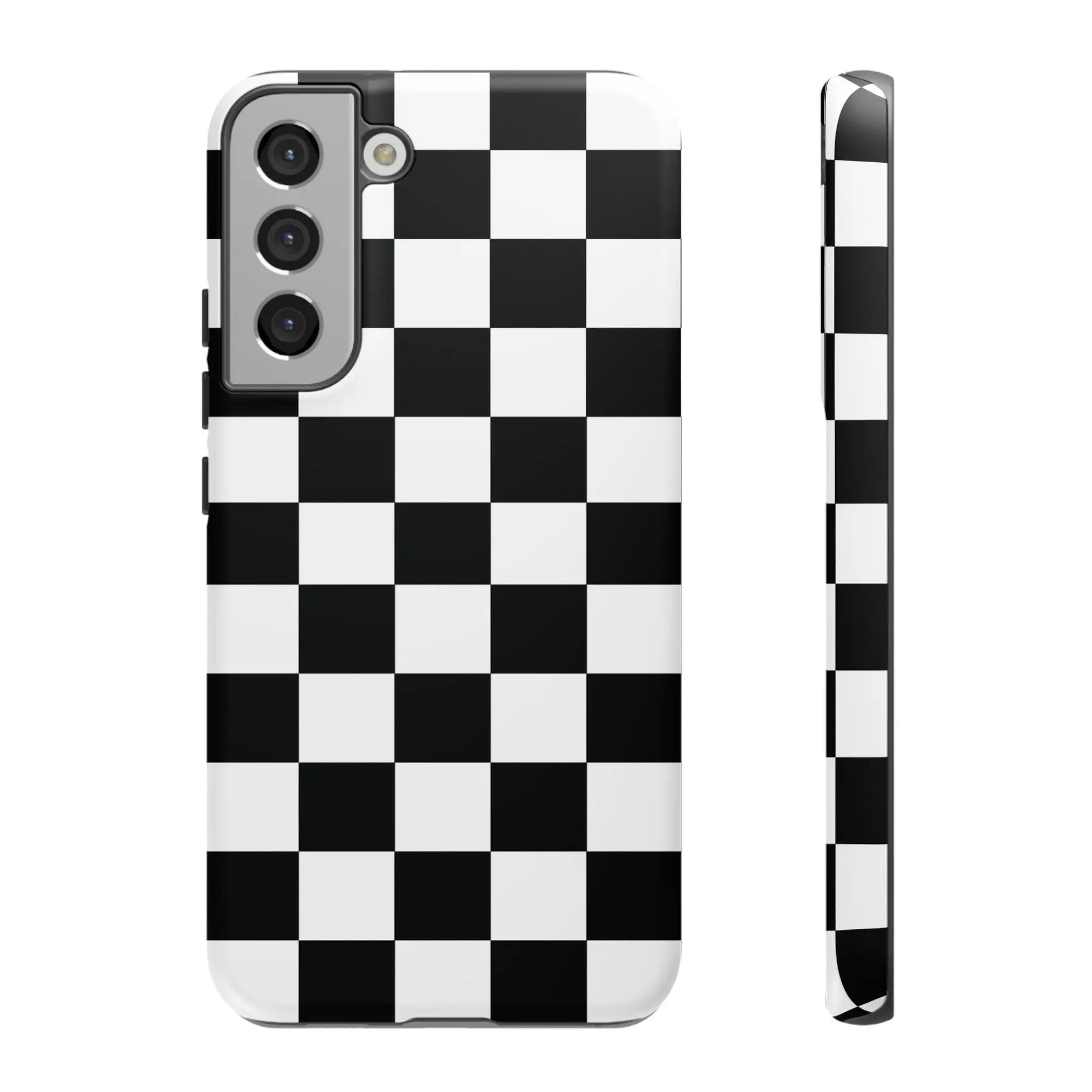 Back side of a black and white checkered flag phone case for samsung galaxy s21 designed as a protective cover
