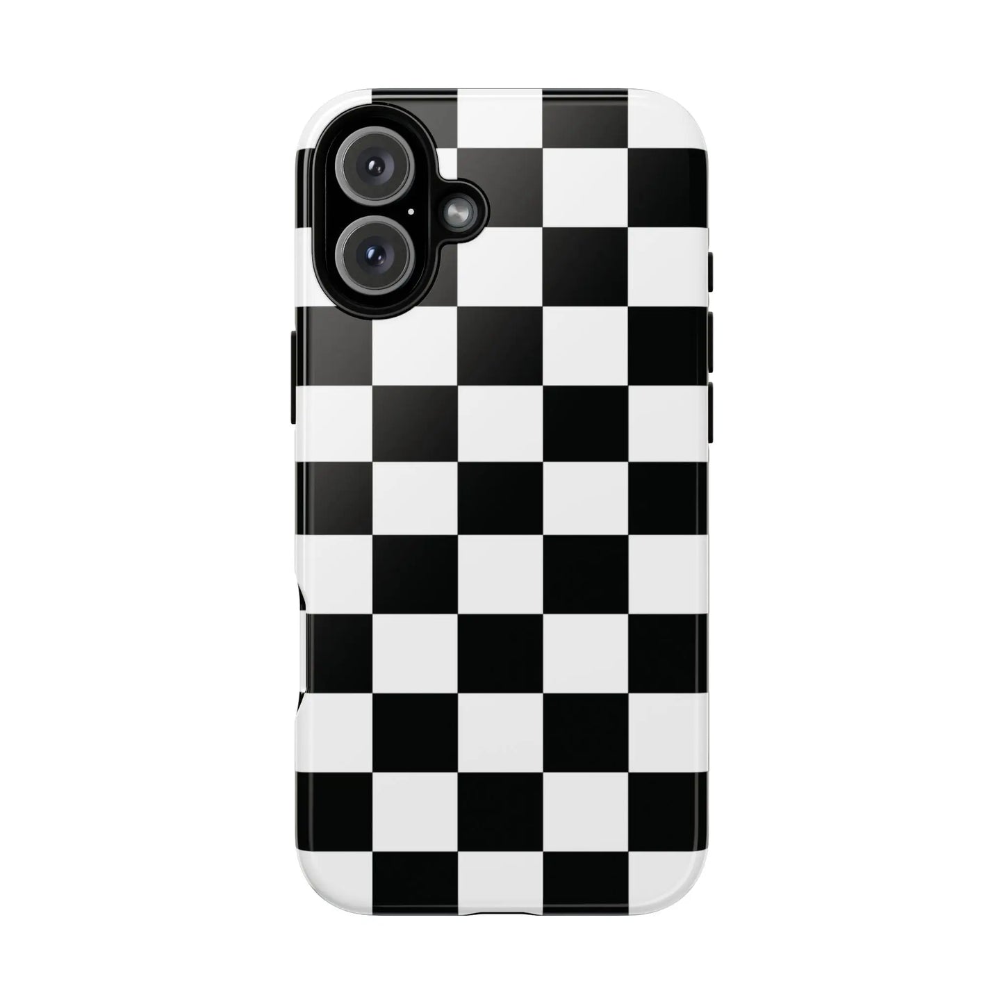 Black and white checkered flag phone case with glossy finish shown from back for protective iphone cover and flag phone cases