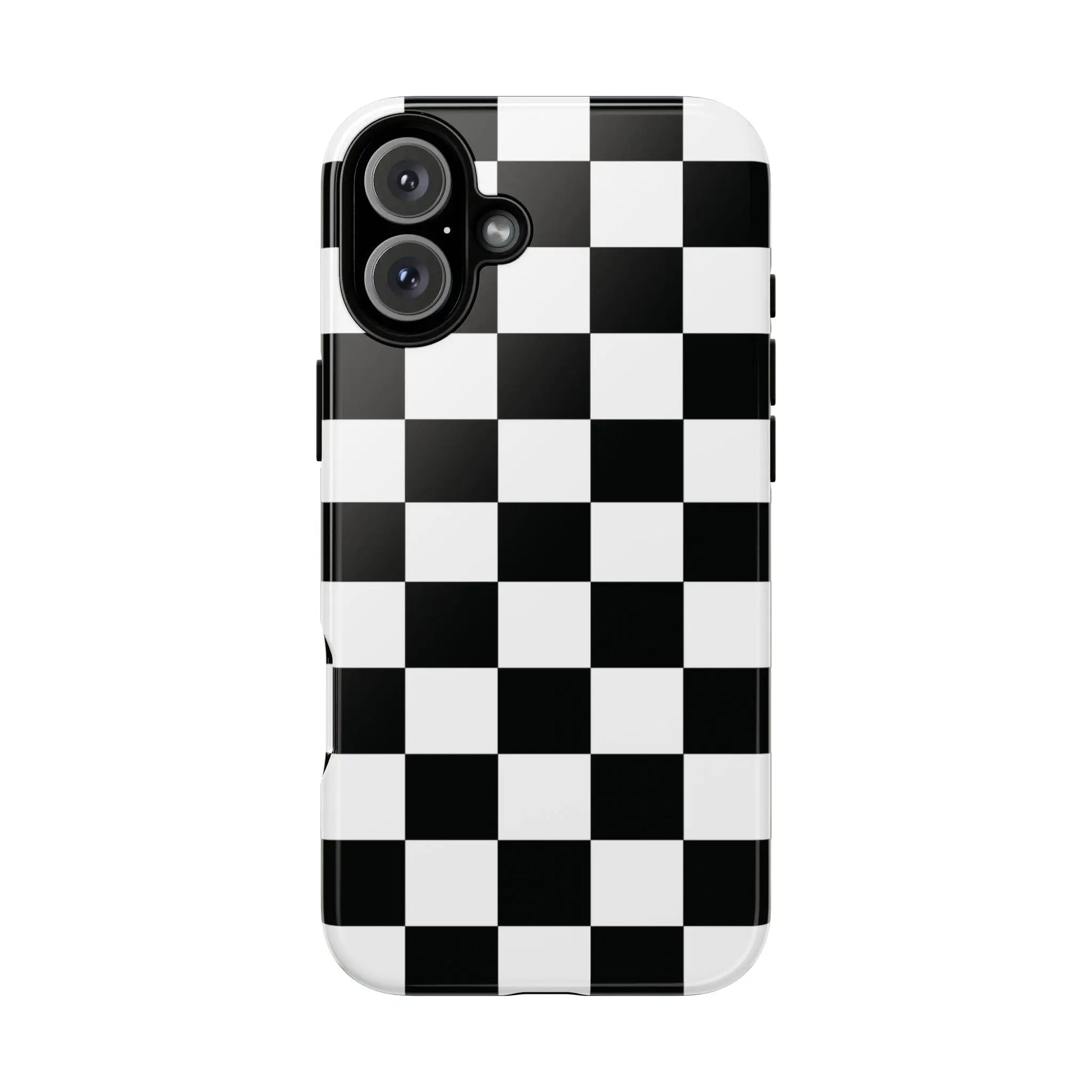 Black and white checkered flag phone case with glossy finish shown from back for protective iphone cover and flag phone cases