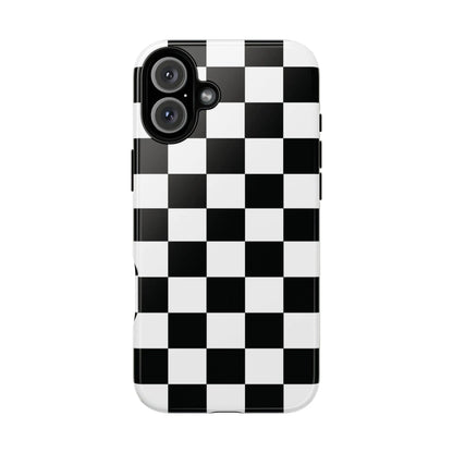 Black and white checkered flag phone case with glossy finish shown from back for protective iphone cover and flag phone cases