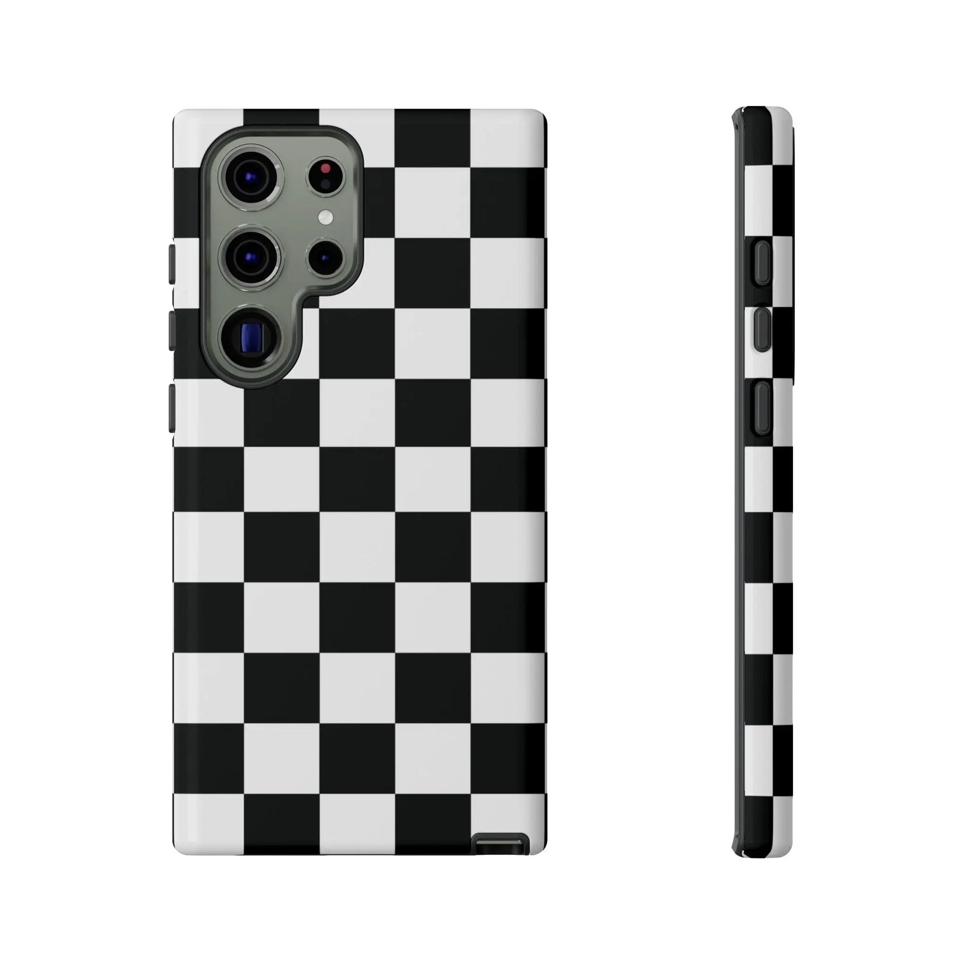 Black and white checkered flag phone case showing the back side with a sleek modern protective cover for iphone