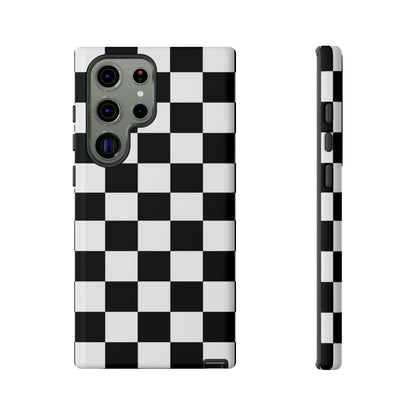 Black and white checkered flag phone case showing the back side with a sleek modern protective cover for iphone