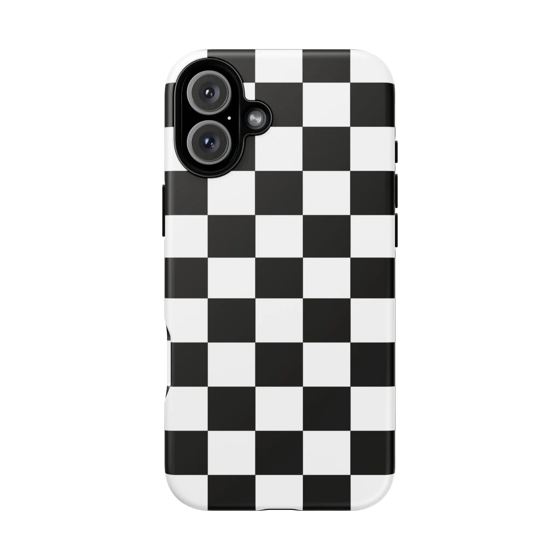 Black and white checkered flag phone case with a sleek glossy finish for iPhone protective cover phone accessories back view