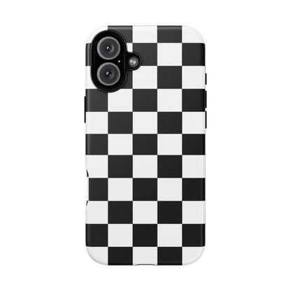 Black and white checkered flag phone case with a sleek glossy finish for iPhone protective cover phone accessories back view
