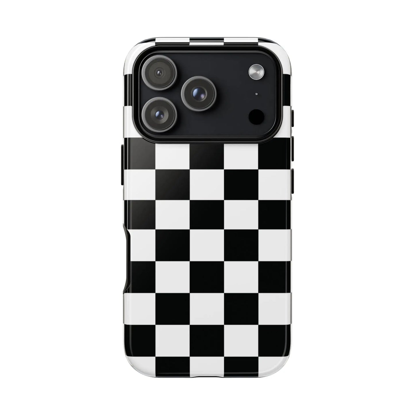Back of a black and white checkered flag phone case with glossy finish for protective iPhone cover and accessories