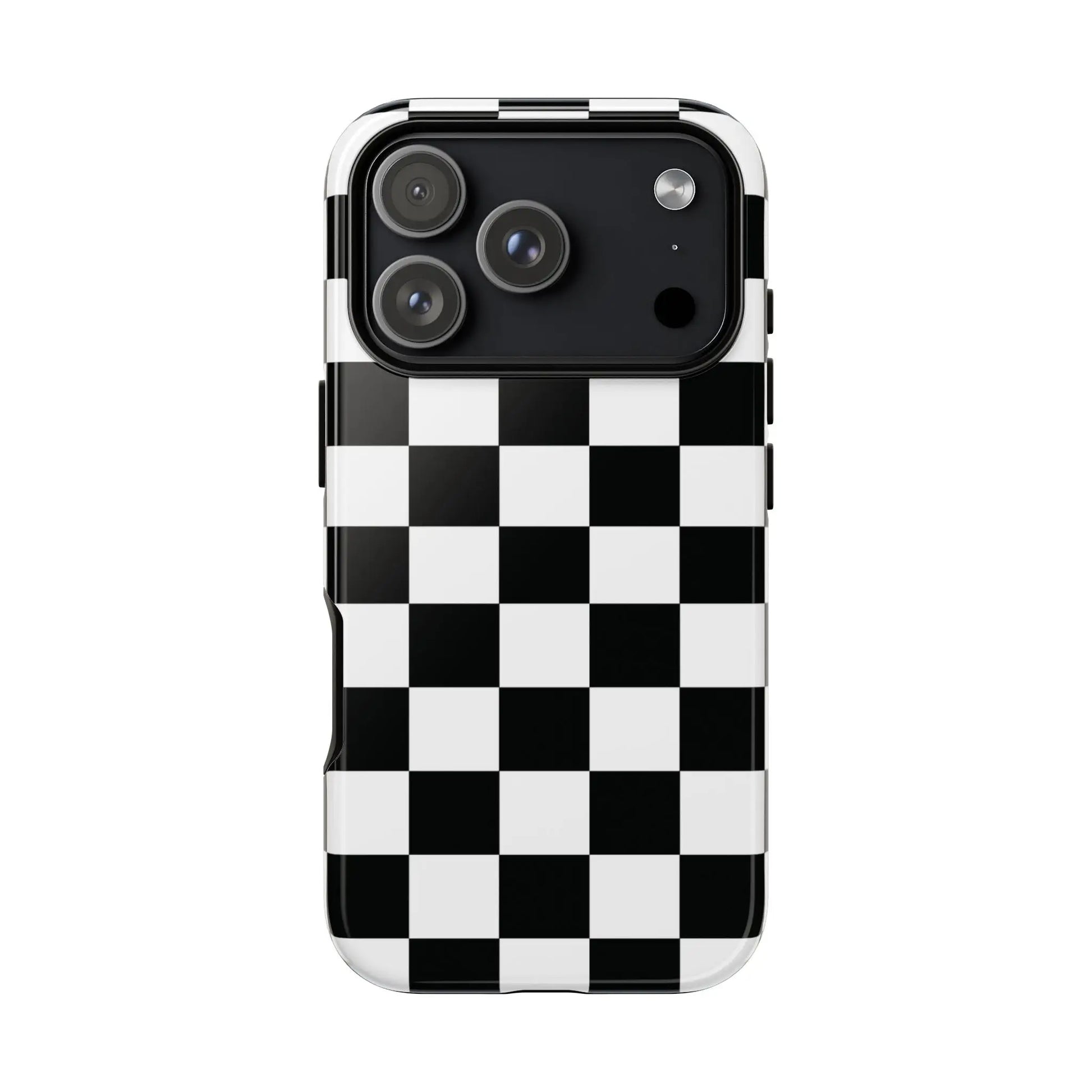 Back of a black and white checkered flag phone case with glossy finish for protective iPhone cover and accessories