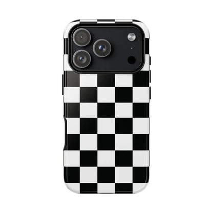 Back of a black and white checkered flag phone case with glossy finish for protective iPhone cover and accessories