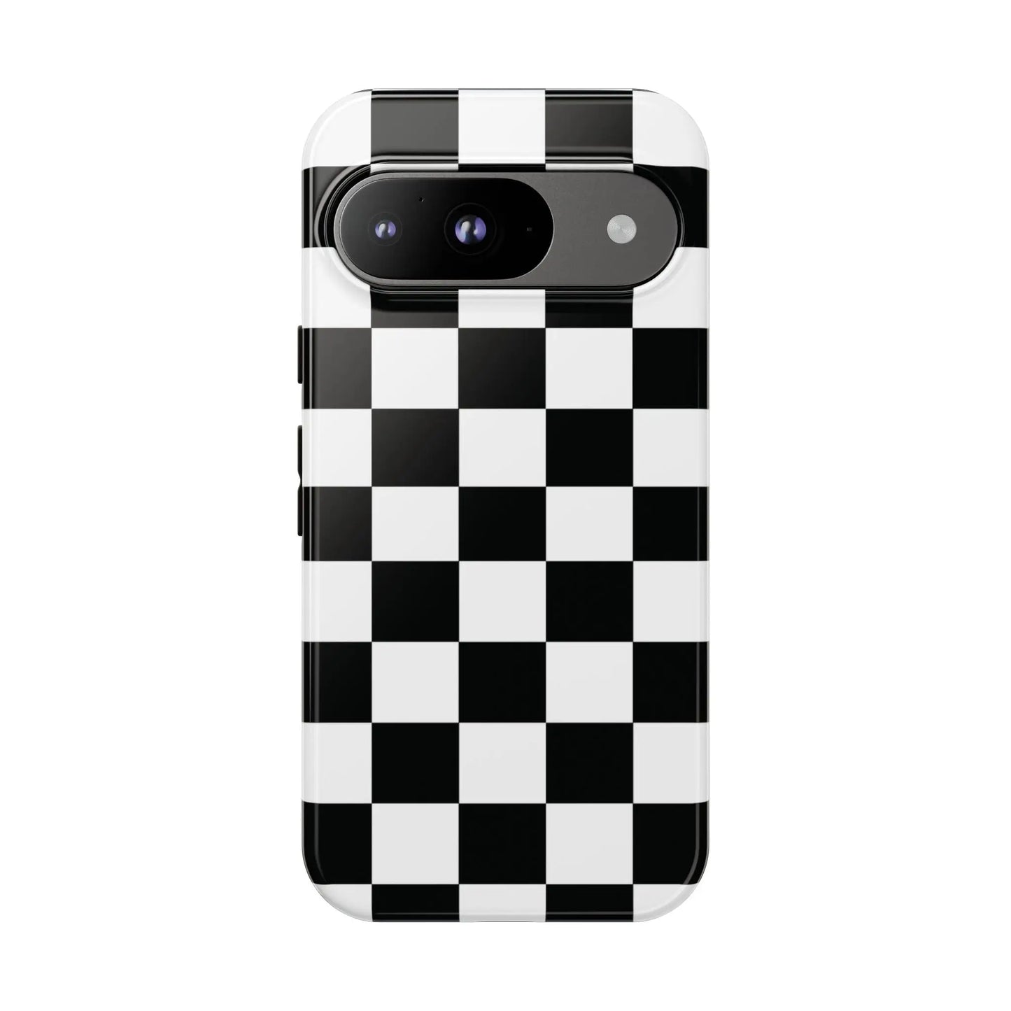 Black and white checkered flag phone case with glossy finish shown from the back for iPhone protection and style