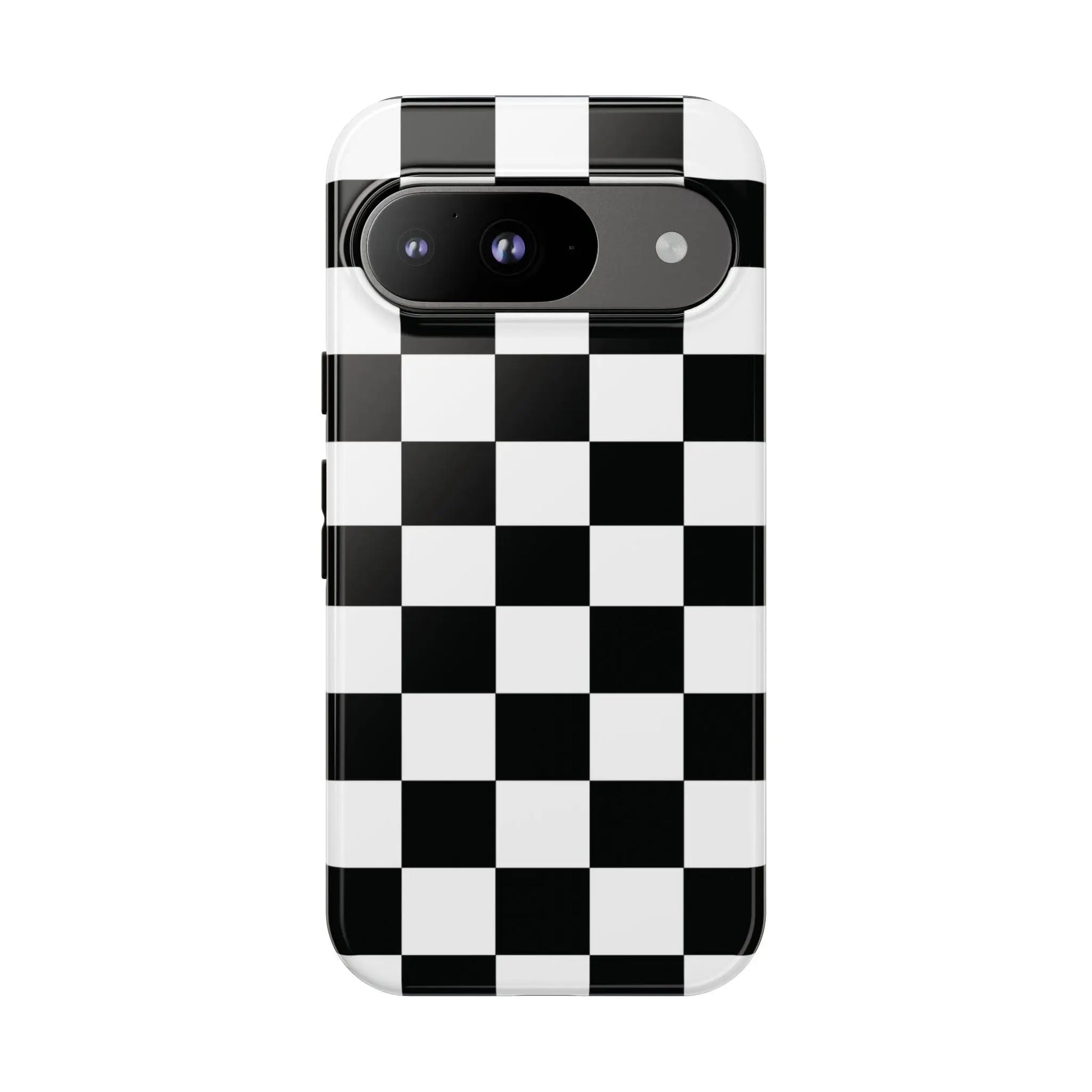 Black and white checkered flag phone case with glossy finish shown from the back for iPhone protection and style