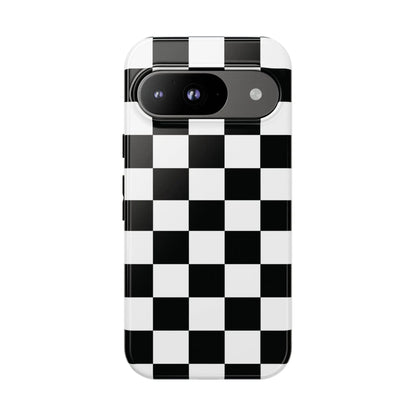 Black and white checkered flag phone case with glossy finish shown from the back for iPhone protection and style