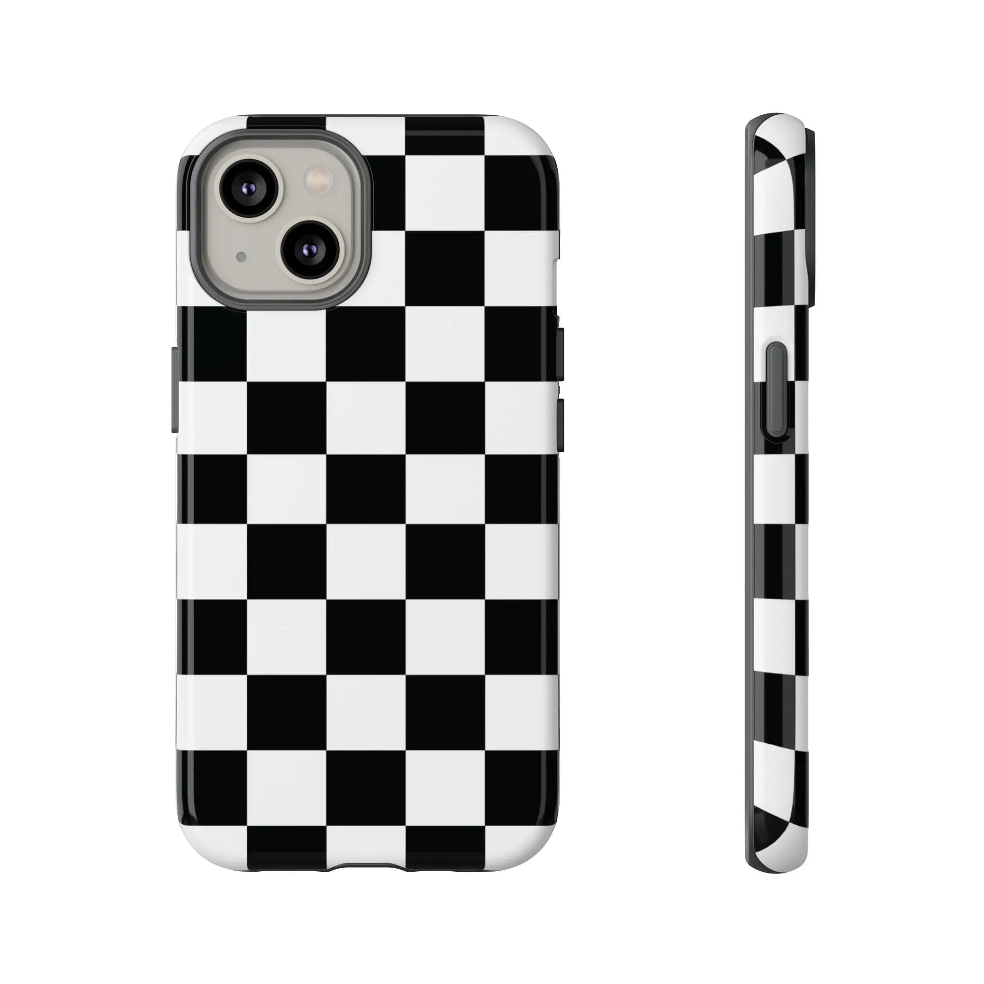 Black and white checkered flag phone case with sleek glossy finish shown from the back for iphone protection