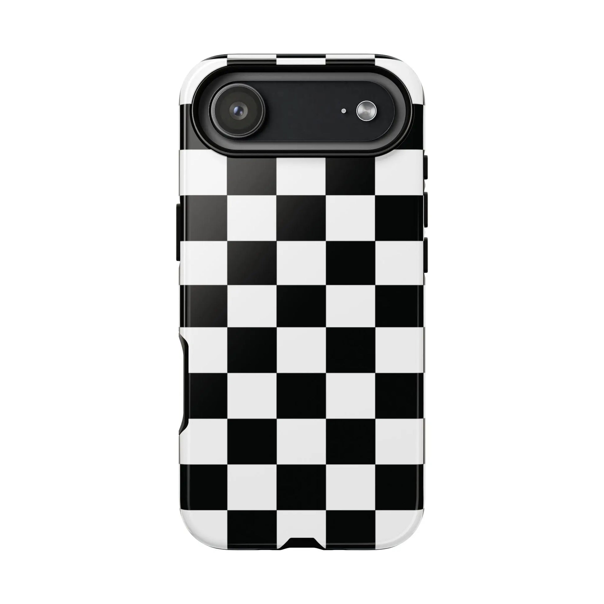 Back side of a black and white checkered flag phone case with a sleek glossy finish for iphone protection