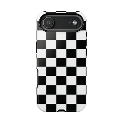 Back side of a black and white checkered flag phone case with a sleek glossy finish for iphone protection