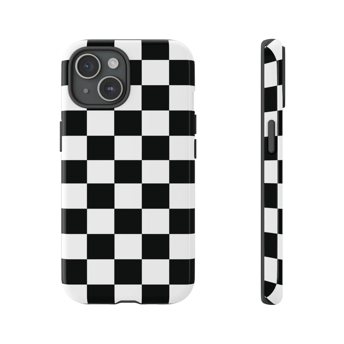 Back side of a black and white checkered flag phone case with a sleek glossy finish for iphone protection and style