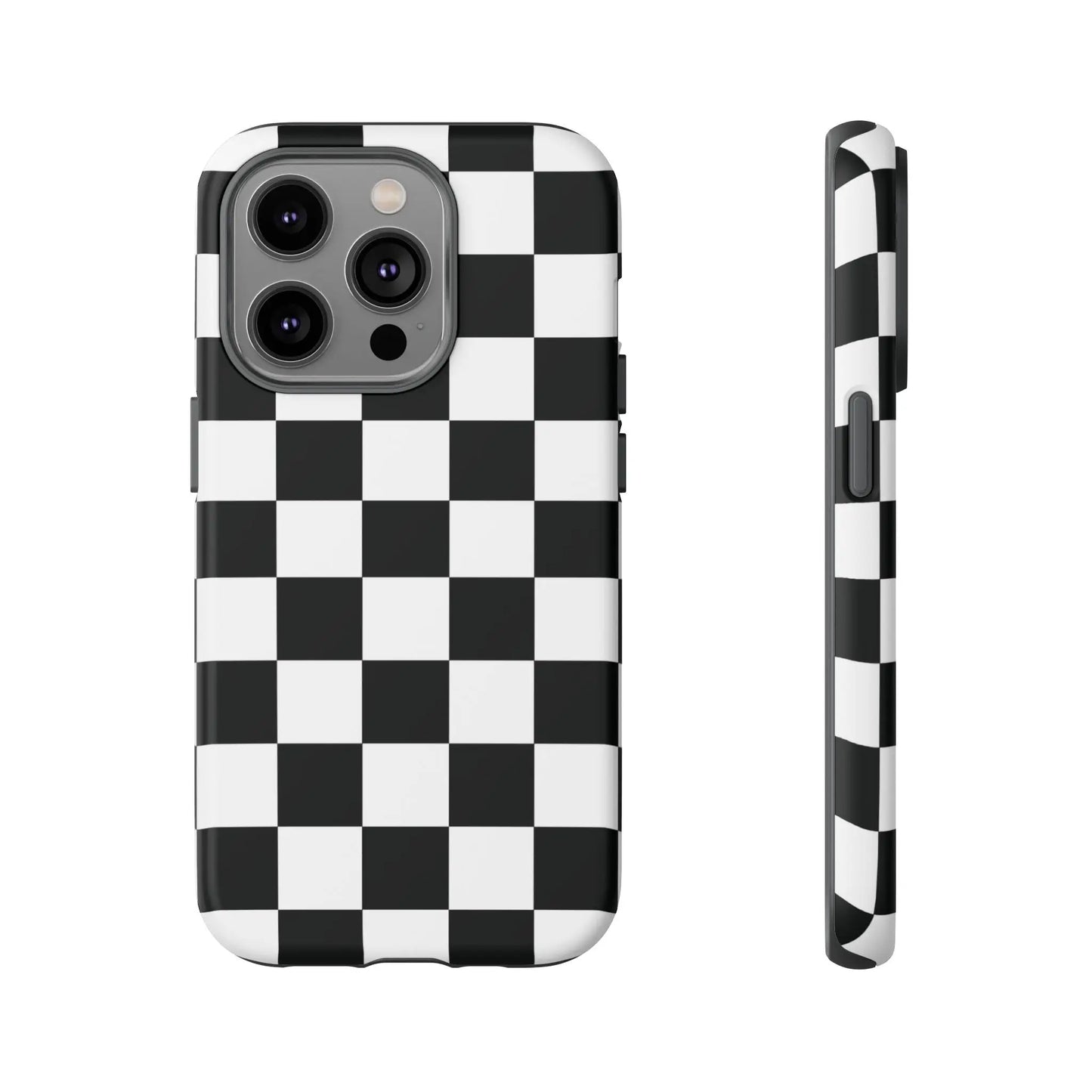 Black and white checkered flag phone case showing back side with sleek modern design for protective iPhone cover