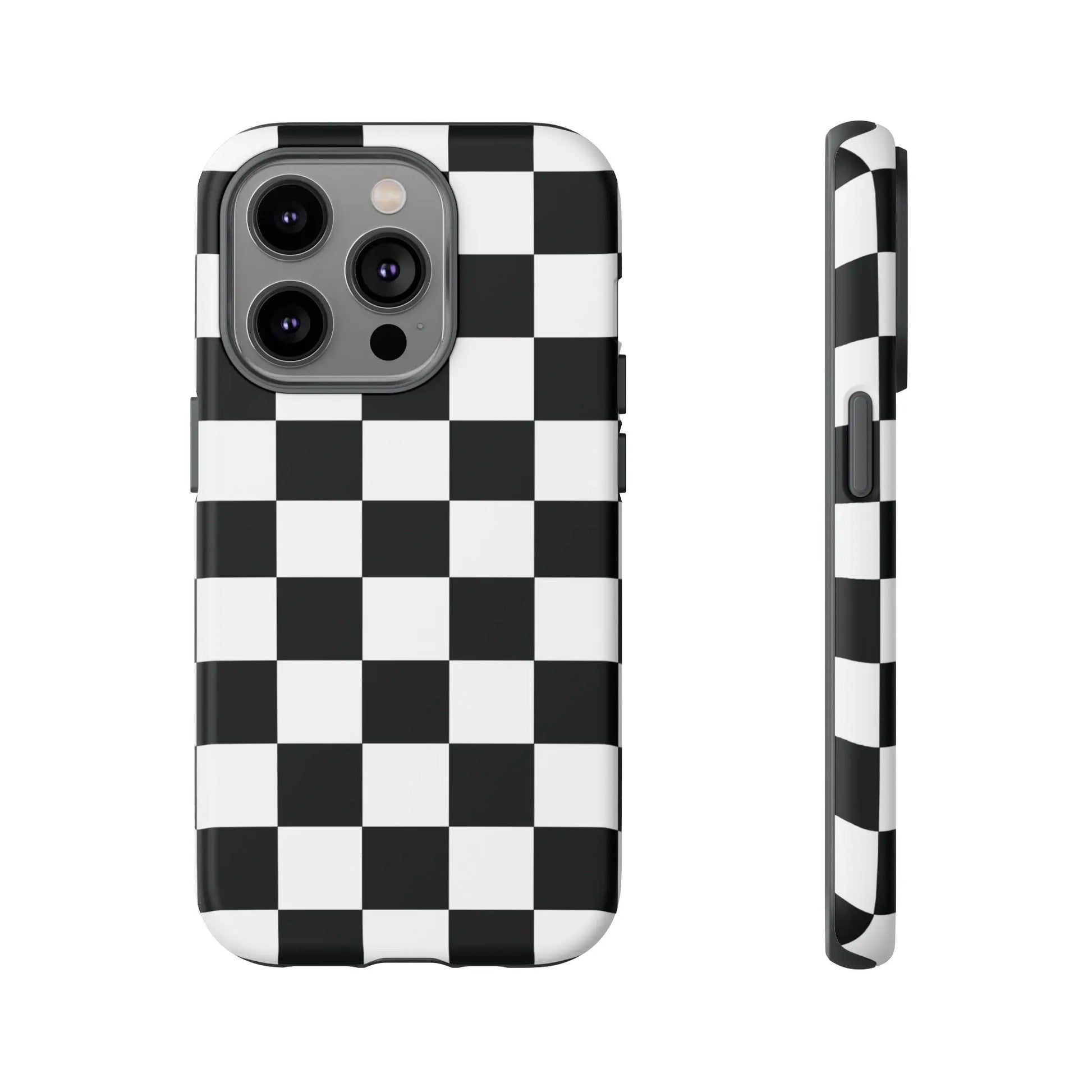 Black and white checkered flag phone case showing back side with sleek modern design for protective iPhone cover