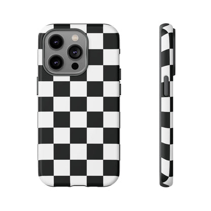 Black and white checkered flag phone case showing back side with sleek modern design for protective iPhone cover