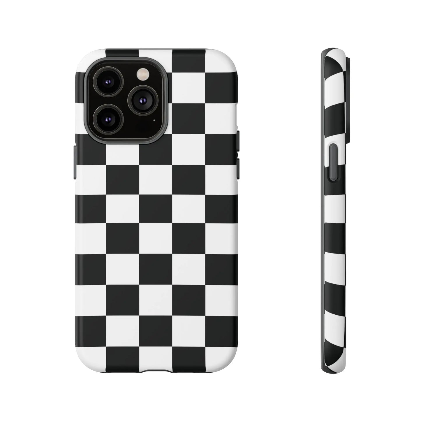 Black and white checkered flag phone case showing back with sleek modern design for iPhone protection