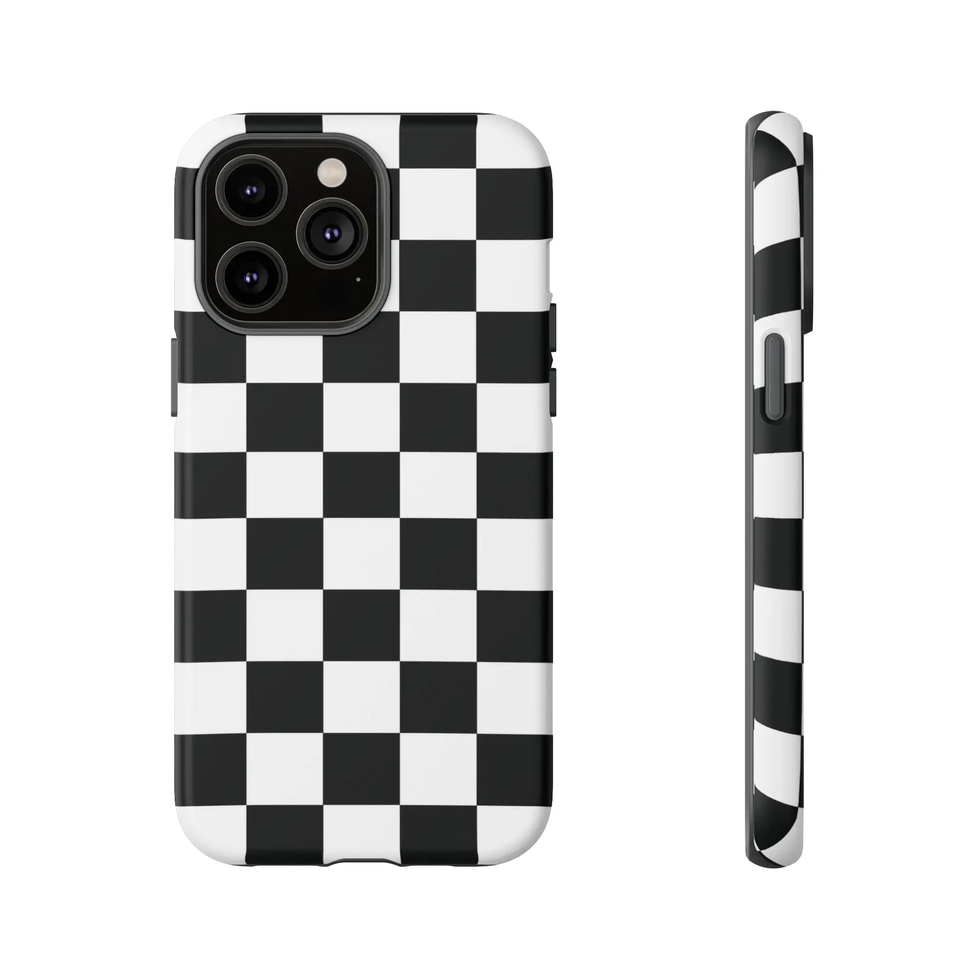 Black and white checkered flag phone case showing back with sleek modern design for iPhone protection
