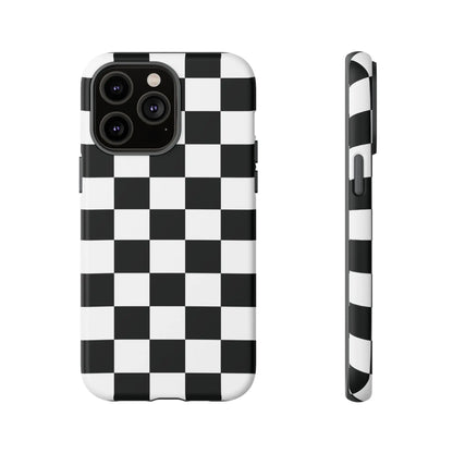 Black and white checkered flag phone case showing back with sleek modern design for iPhone protection