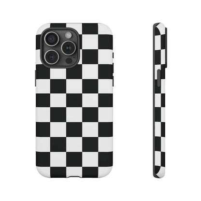 Black and white checkered flag phone case showing back side with sleek protective cover for iPhone flag phone cases