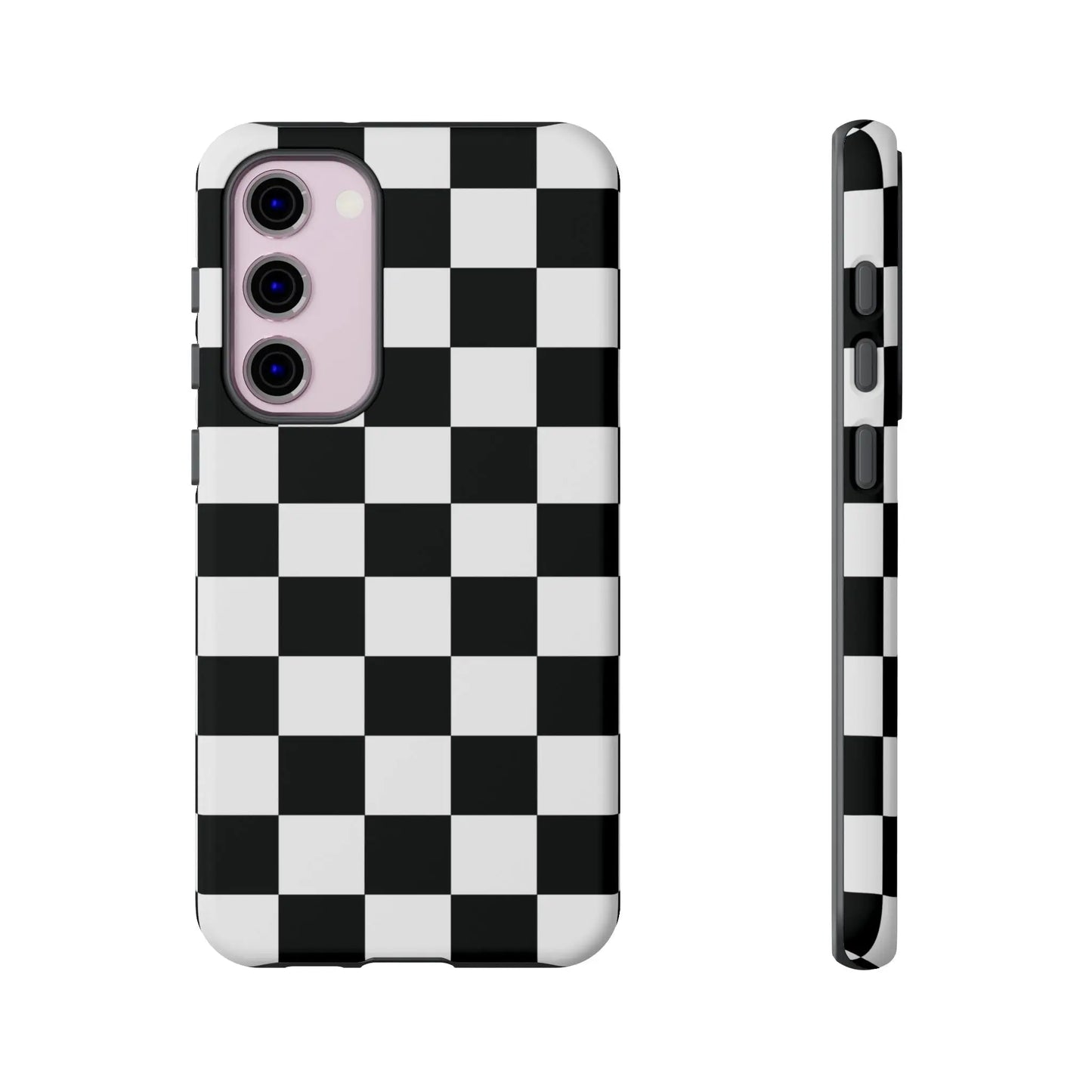 Black and white checkered flag phone case with protective cover showing back side for iPhone accessories