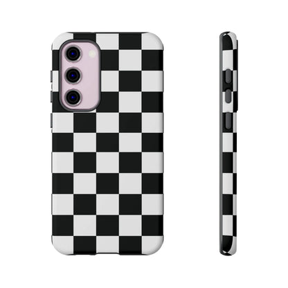 Black and white checkered flag phone case with protective cover showing back side for iPhone accessories