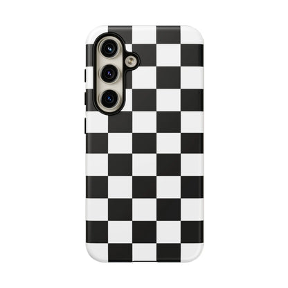 Black and white checkered flag phone case showing the back side with a sleek protective design for iphone models