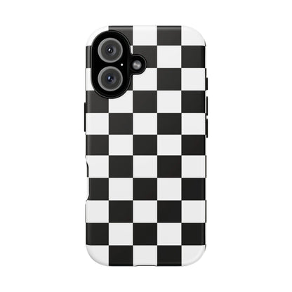 Black and white checkered flag phone case showing back side with sleek modern design for iphone protection