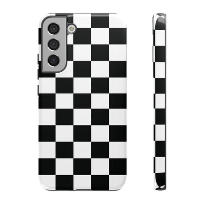 Back side of black and white checkered flag phone case with glossy finish protective cover for iphone