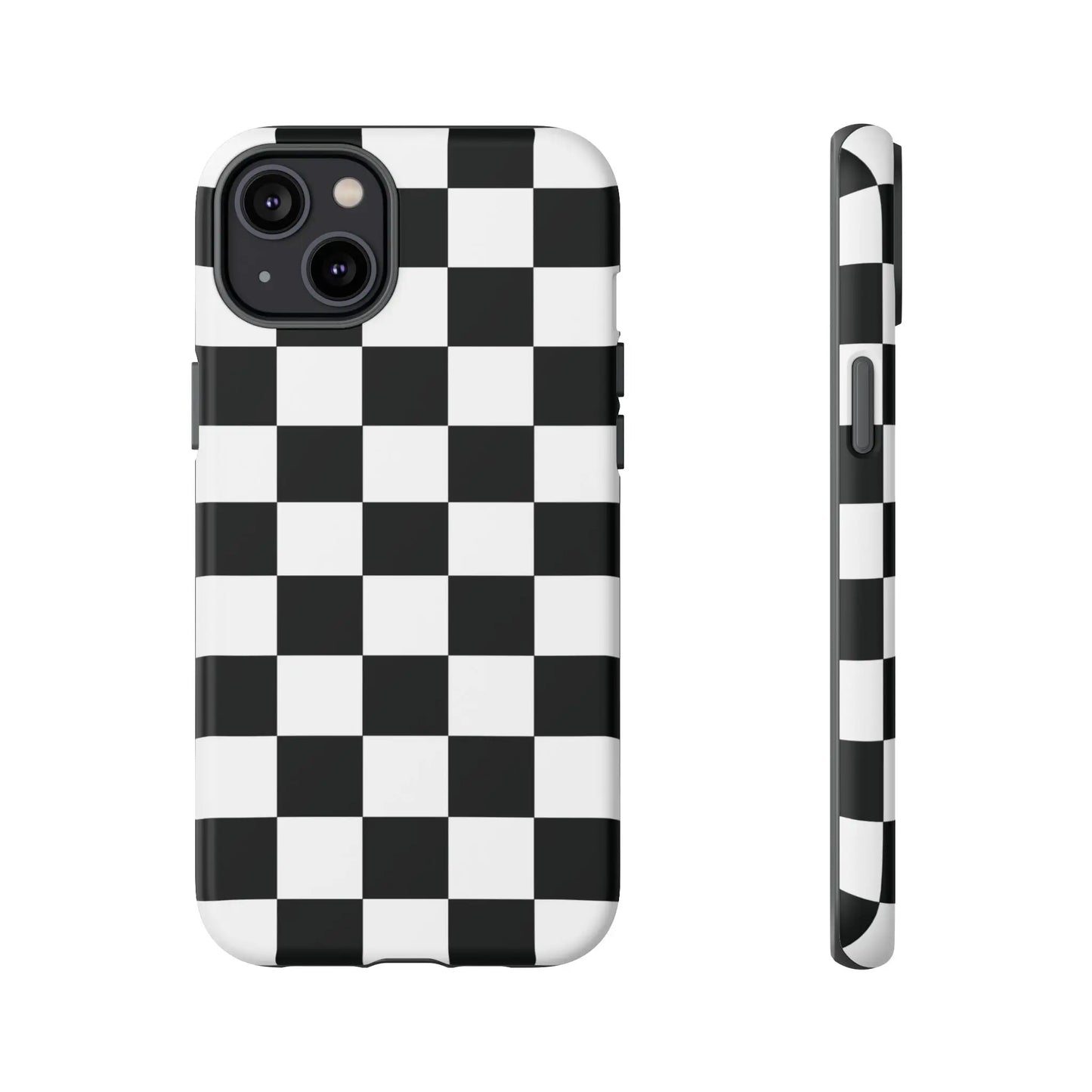 Black and white checkered flag phone case showing back side with sleek protective design for iphone accessories