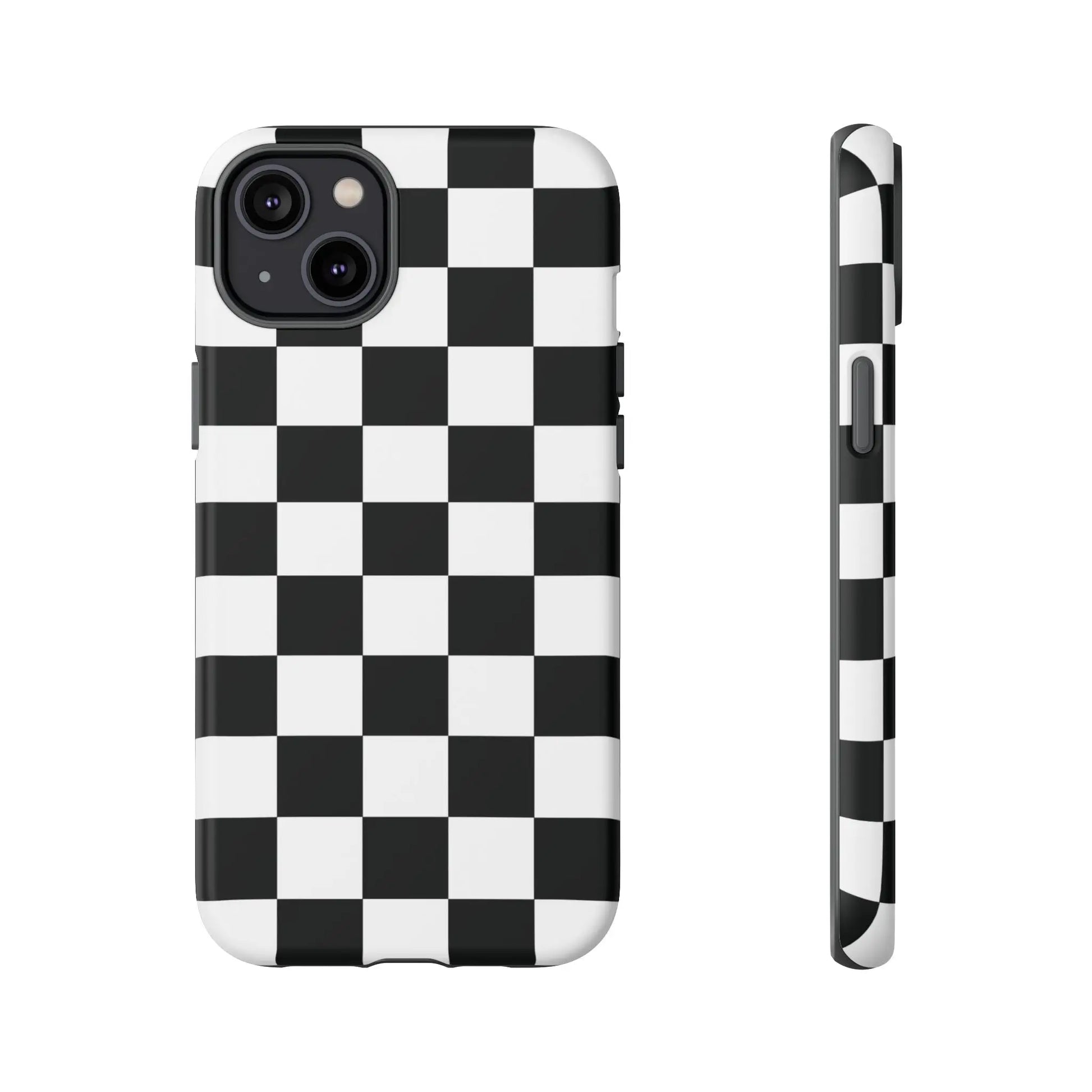 Black and white checkered flag phone case showing back side with sleek protective design for iphone accessories