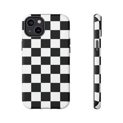 Black and white checkered flag phone case showing back side with sleek protective design for iphone accessories