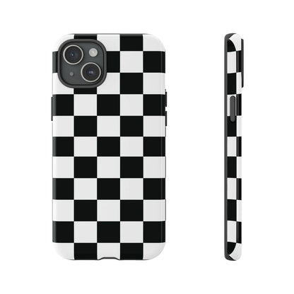 Back side of a black and white checkered flag phone case with a sleek glossy finish for iphone protective cover