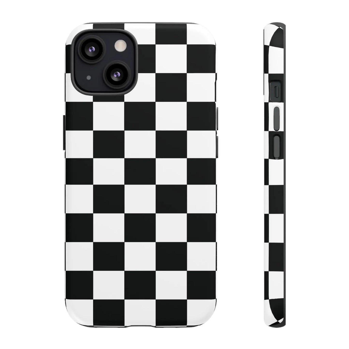 Black and white checkered flag phone case showing back with sleek protective cover for iPhone and flag phone cases