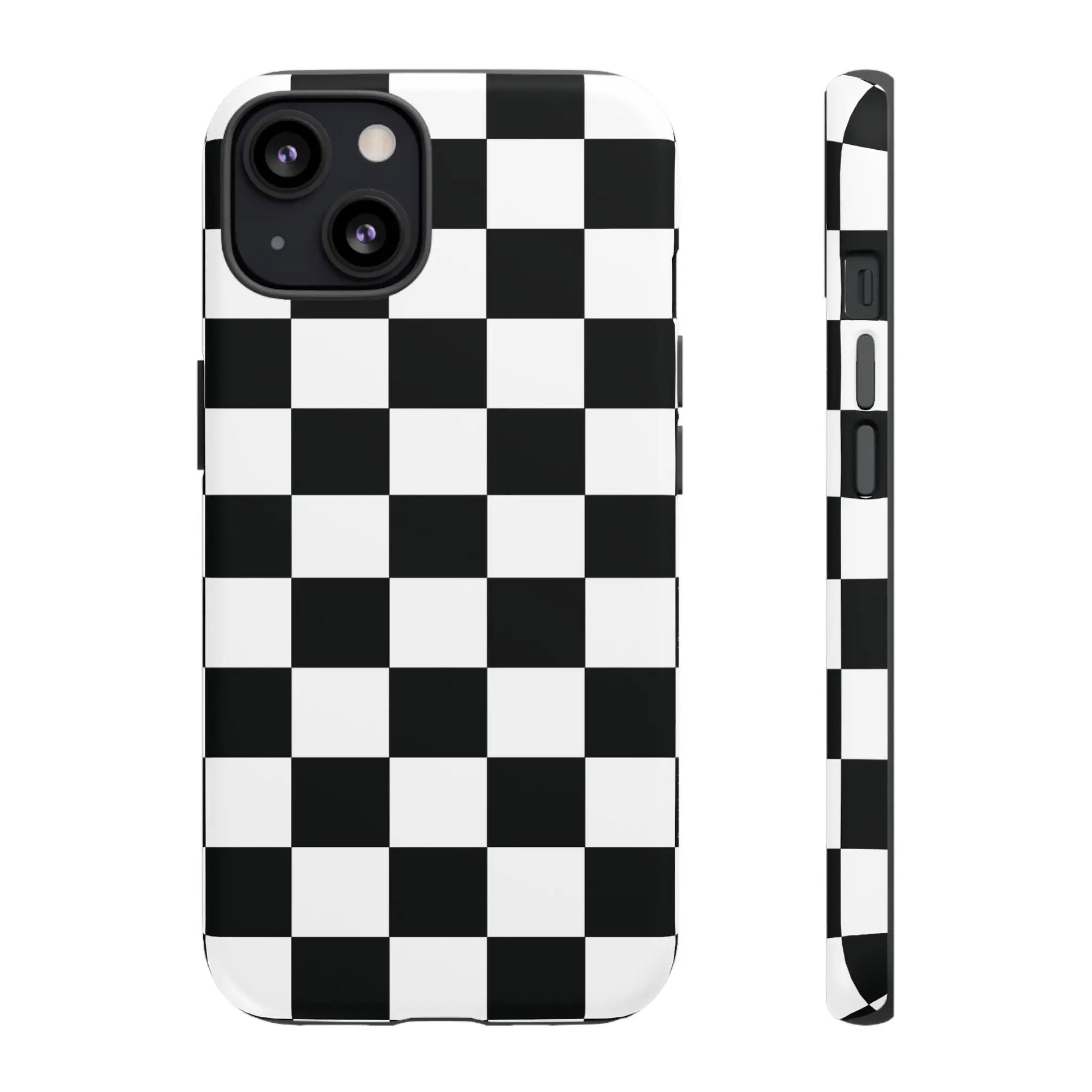 Black and white checkered flag phone case showing back with sleek protective cover for iPhone and flag phone cases