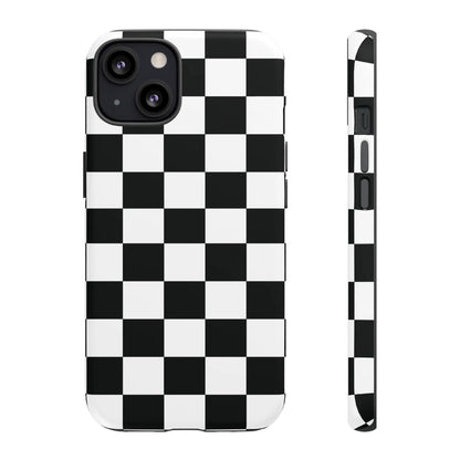 Black and white checkered flag phone case showing back with sleek protective cover for iPhone and flag phone cases