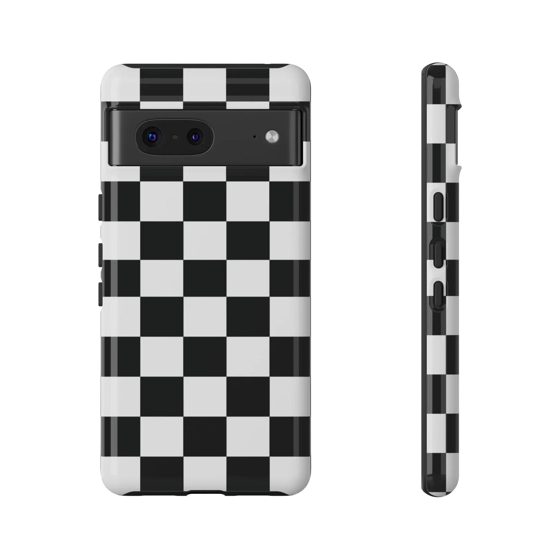 Black and white checkered flag phone case with glossy finish shown from the back for iPhone protection and style