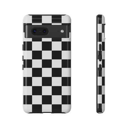 Black and white checkered flag phone case with glossy finish shown from the back for iPhone protection and style