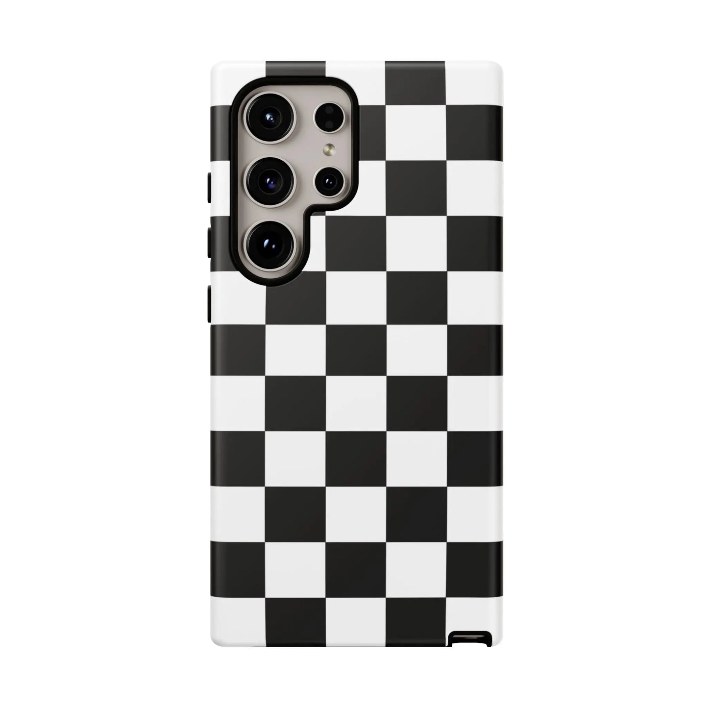 Black and white checkered flag phone case showing the back side with a sleek, modern protective cover for iphone