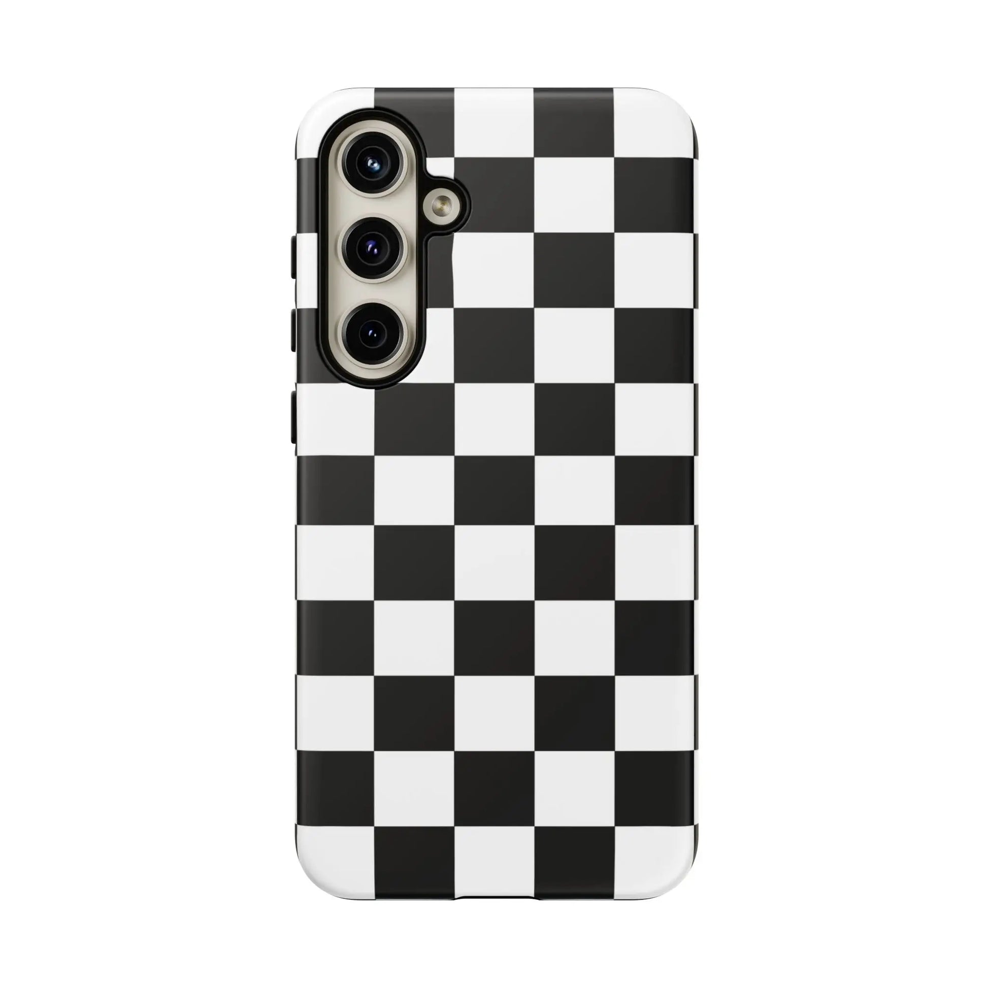 Black and white checkered flag phone case with glossy finish shown from the back for iphone protective cover