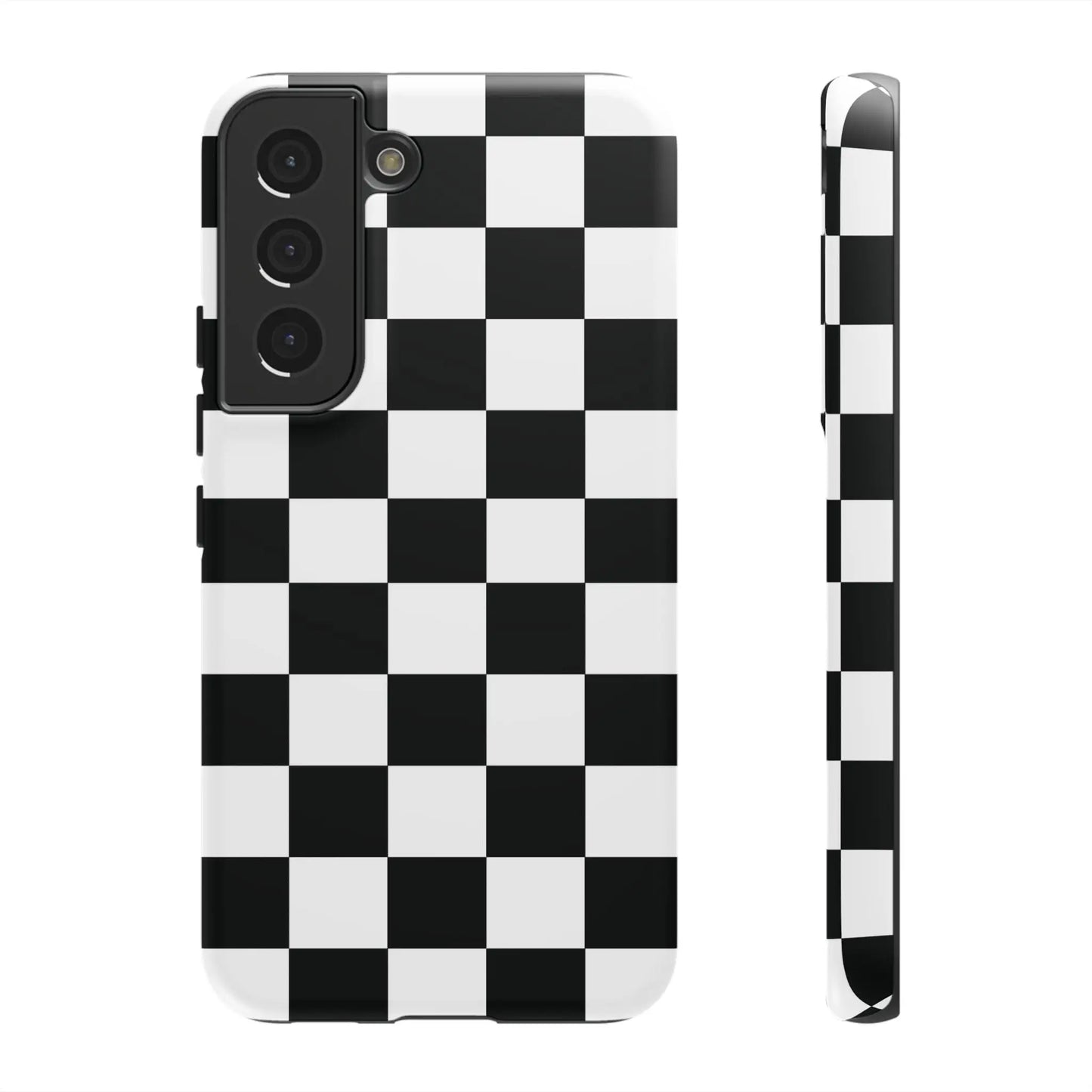 Black and white checkered flag phone case for samsung galaxy s21 showing back side with protective cover design