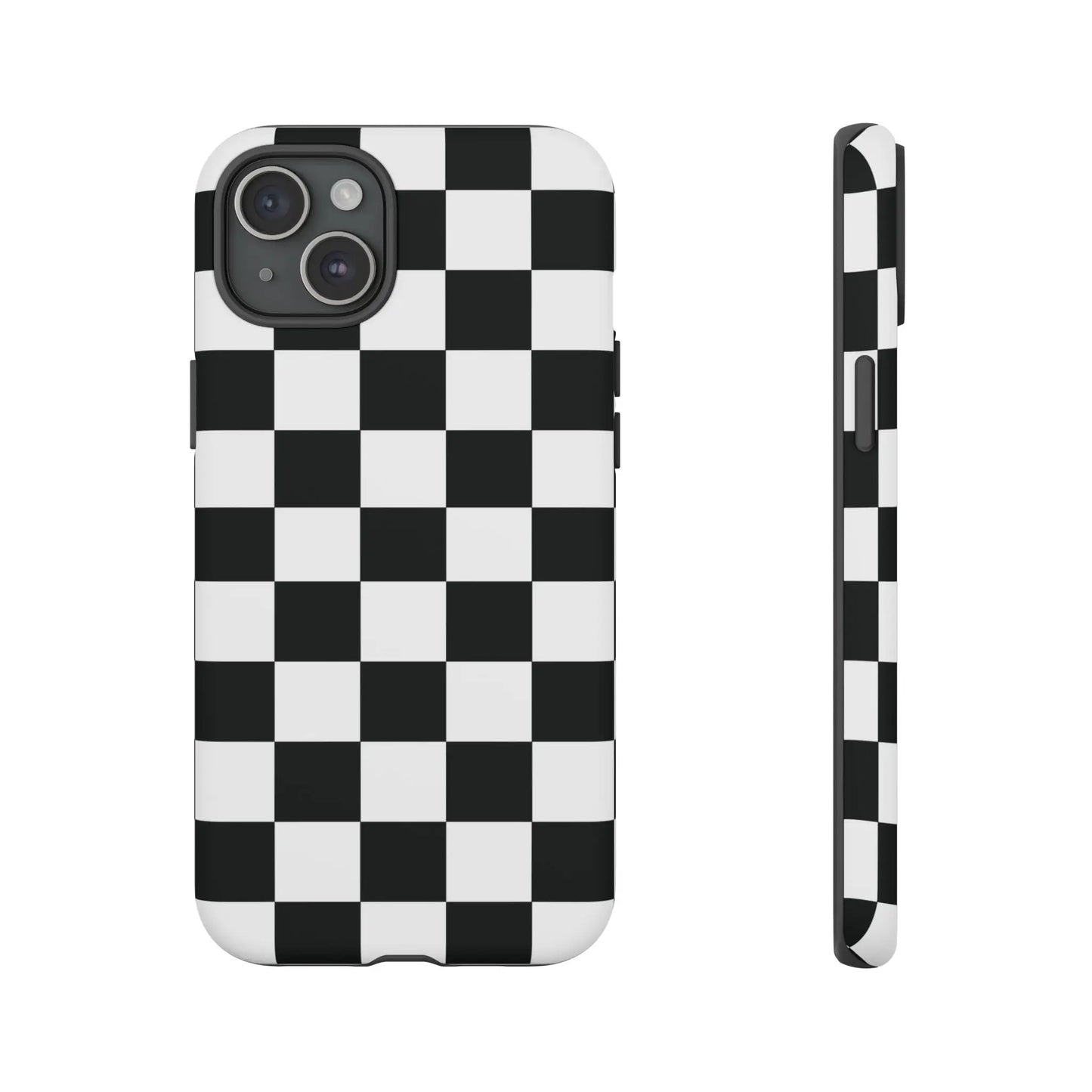 Back side of a black and white checkered flag phone case with sleek modern design for iphone protection and accessories