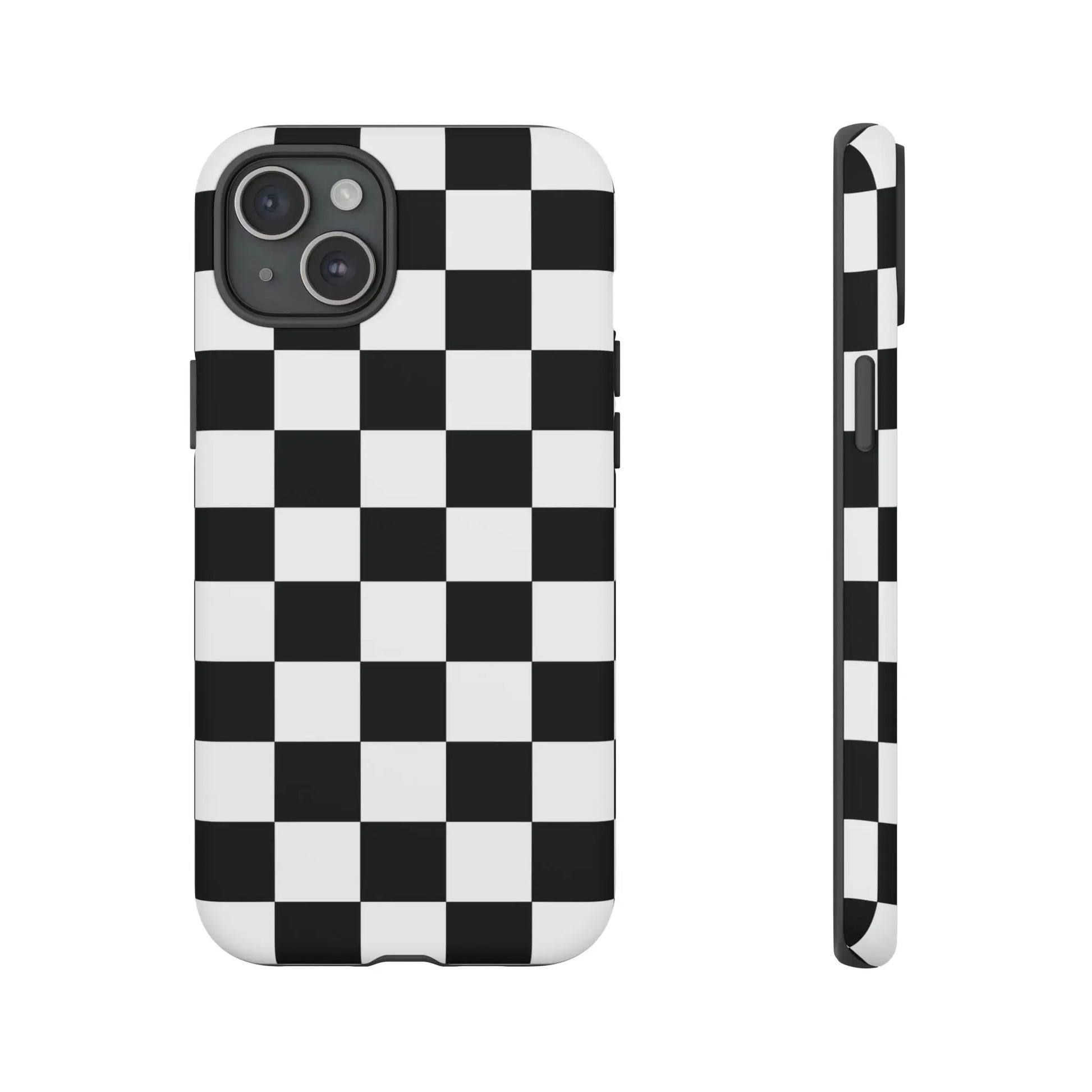 Back side of a black and white checkered flag phone case with sleek modern design for iphone protection and accessories
