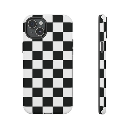 Back side of a black and white checkered flag phone case with sleek modern design for iphone protection and accessories