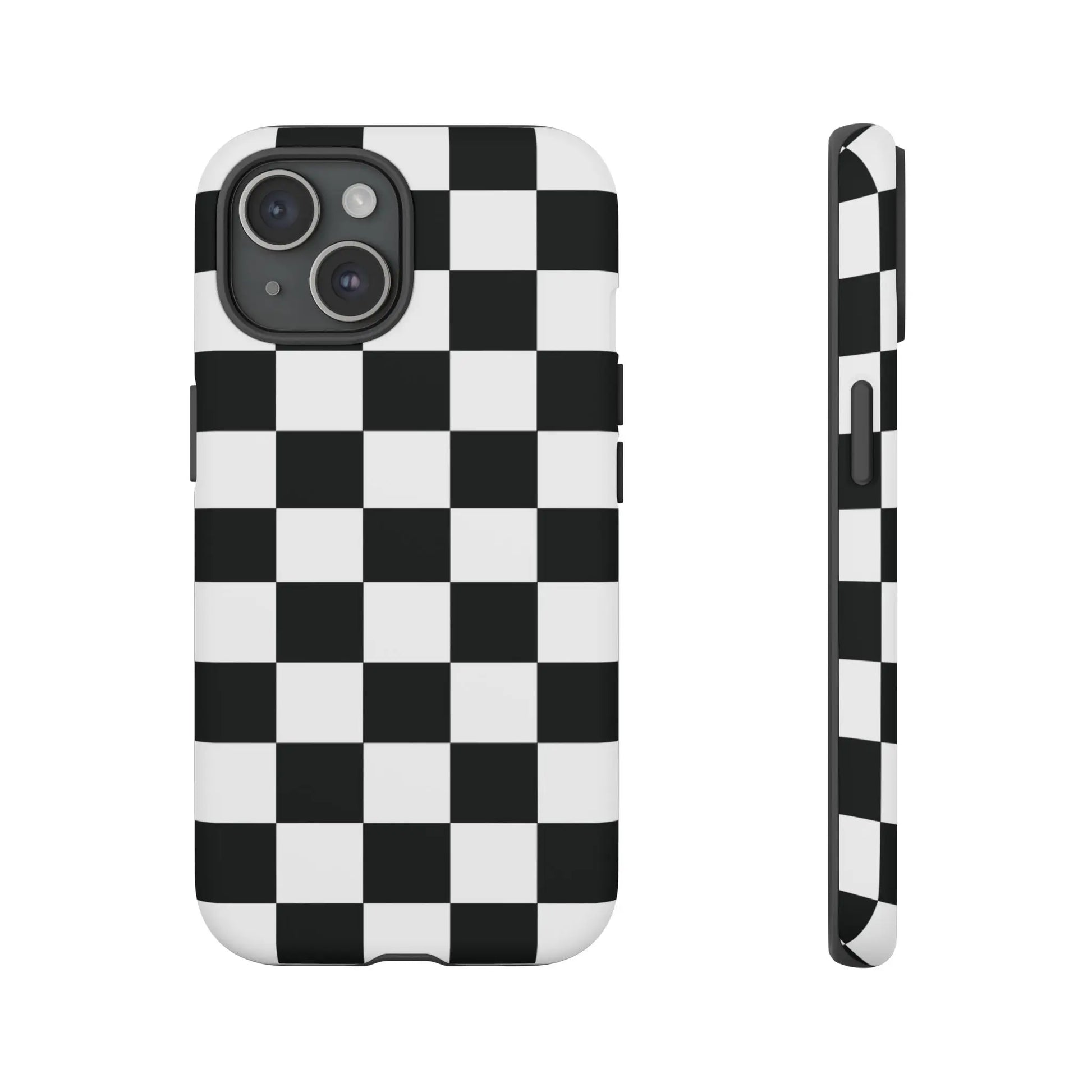 Black and white checkered flag phone case showing the back side with a sleek modern design for iphone protection
