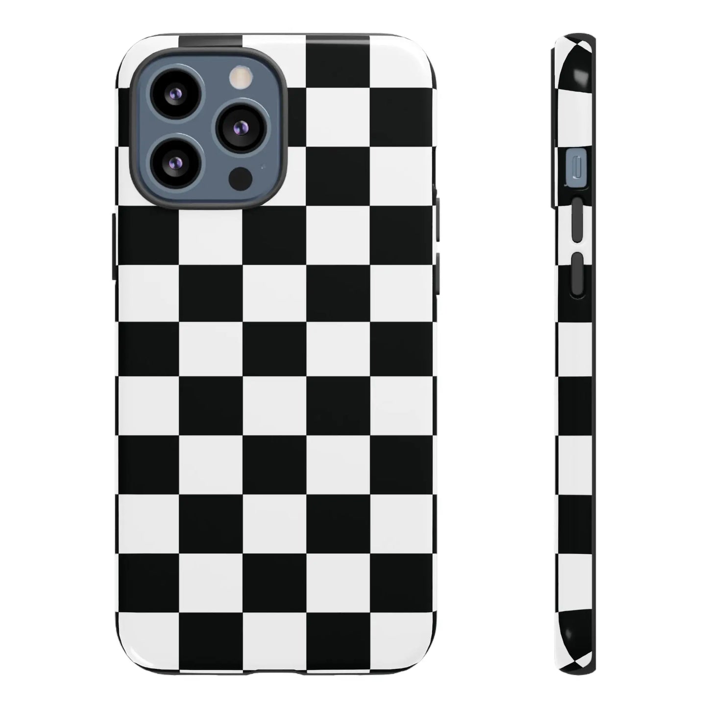 Black and white checkered flag phone case with sleek glossy finish shown from the back for iphone protection