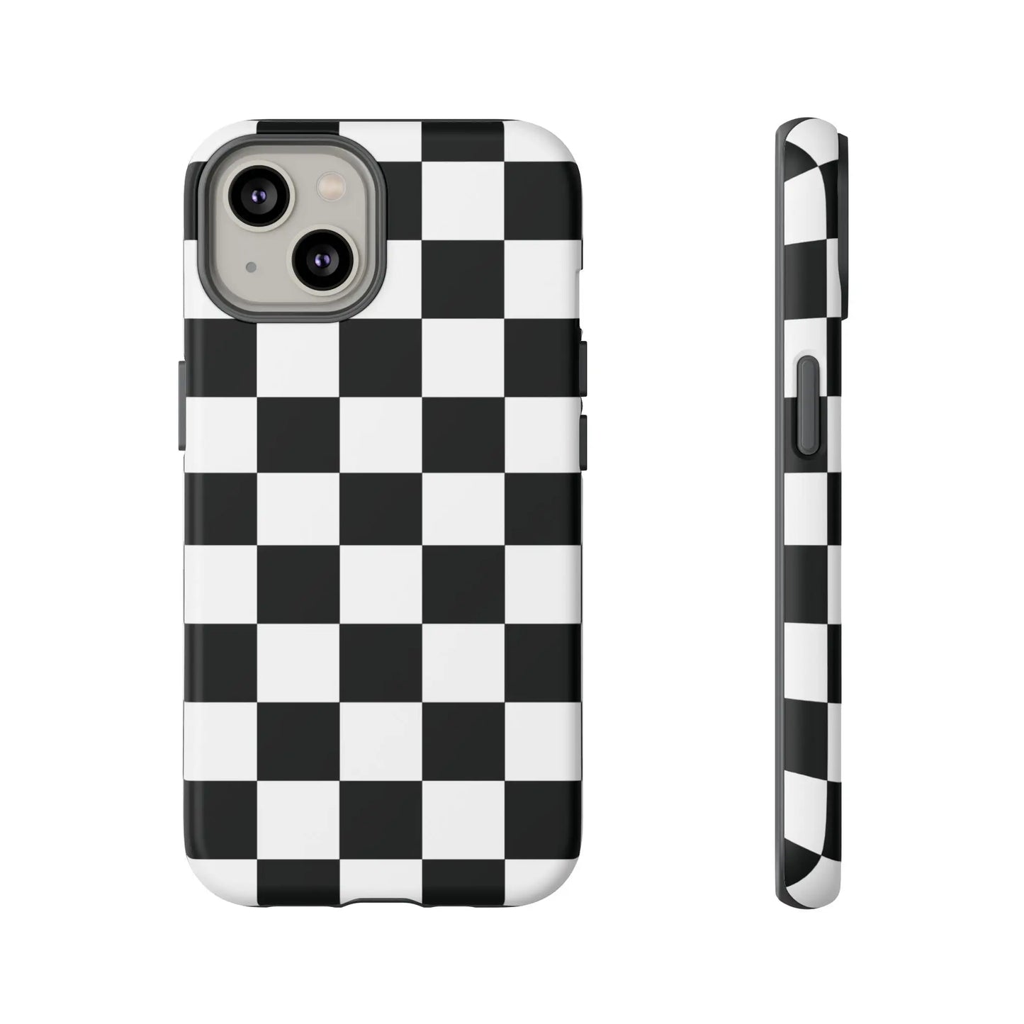 Black and white checkered flag phone case with glossy finish shown from the back for iPhone protection and style