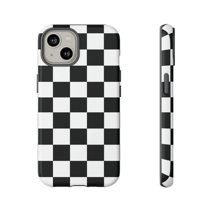 Black and white checkered flag phone case with glossy finish shown from the back for iPhone protection and style